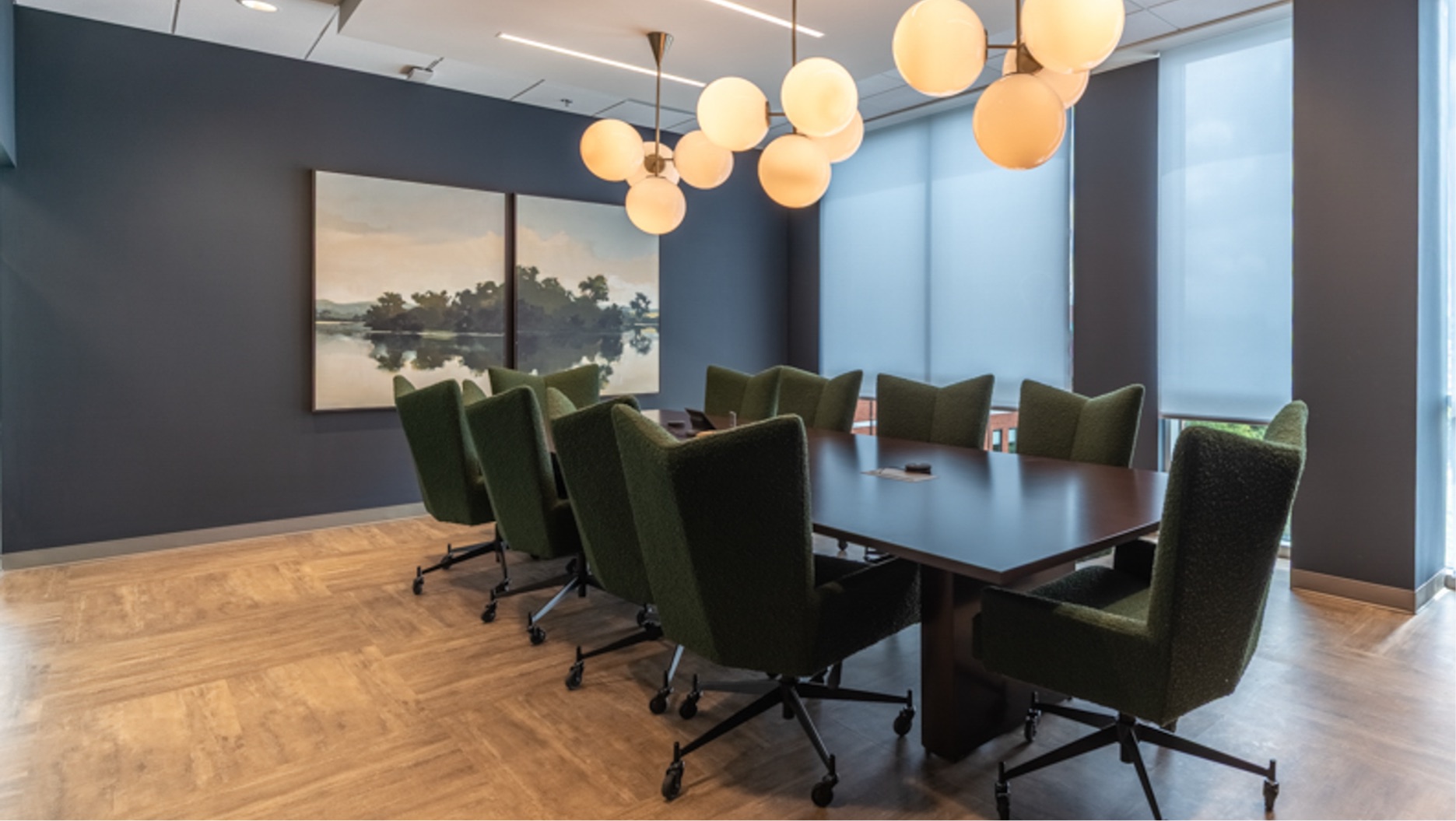 Conference room with pendant lighting