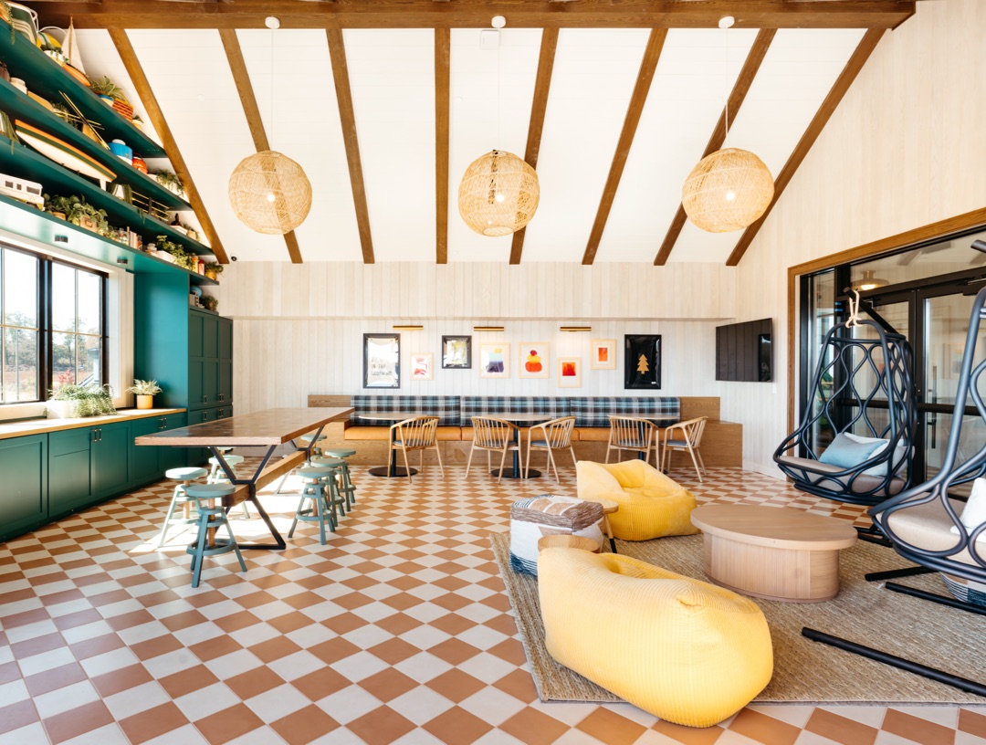 Recreation lounge with checkerboard tile